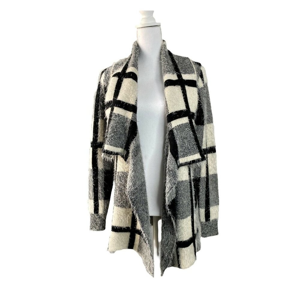 Love Taken Drape-Collared Open Front Cardigan Sweater Black & White, Medium